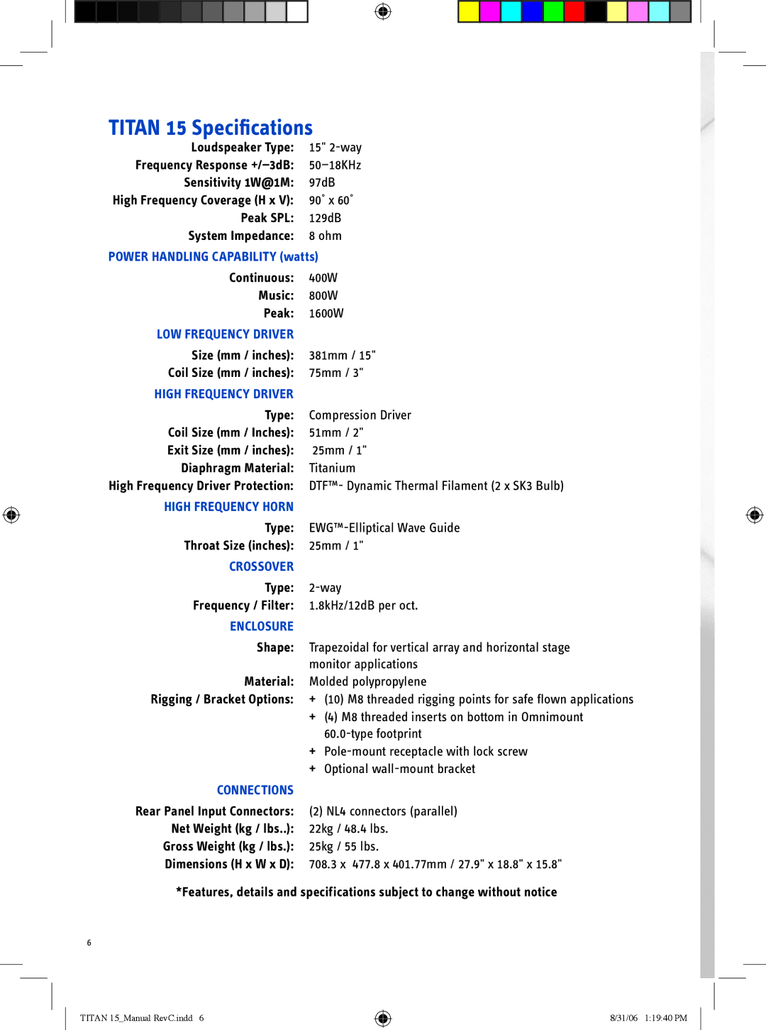 Wharfedale user manual Titan 15 Specifications, High Frequency Driver 