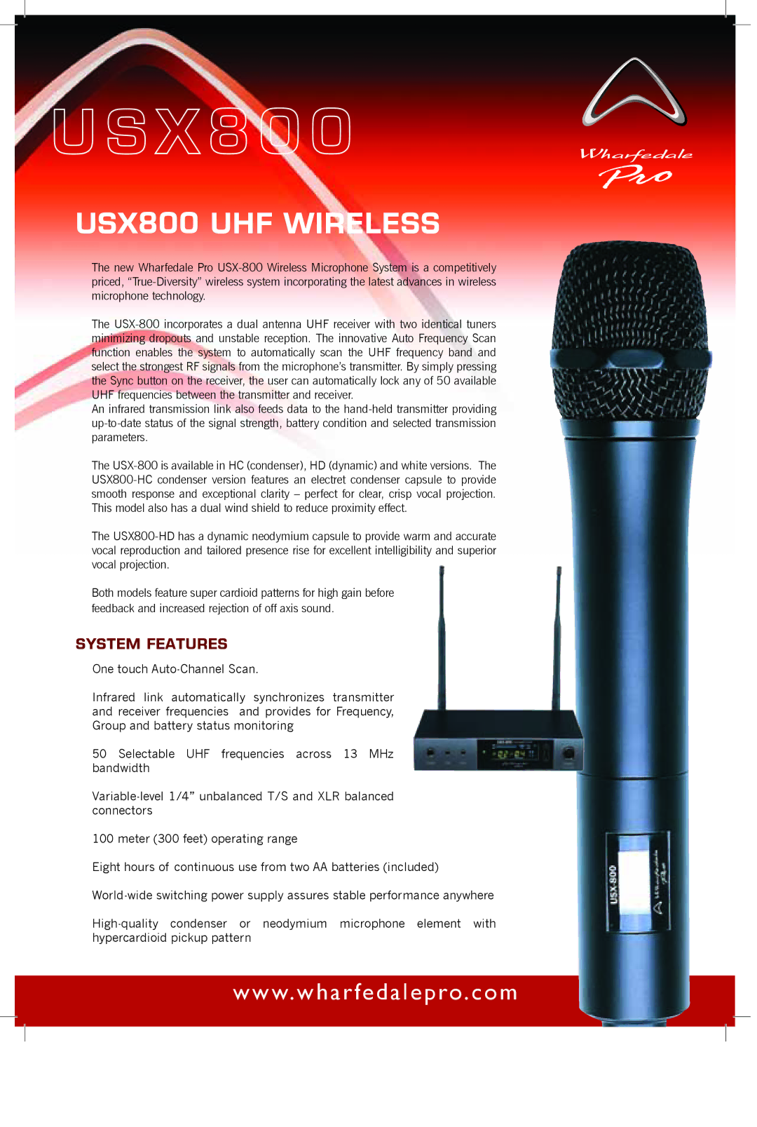 Wharfedale USX 800 manual Usx800 uhf wireless, System features 