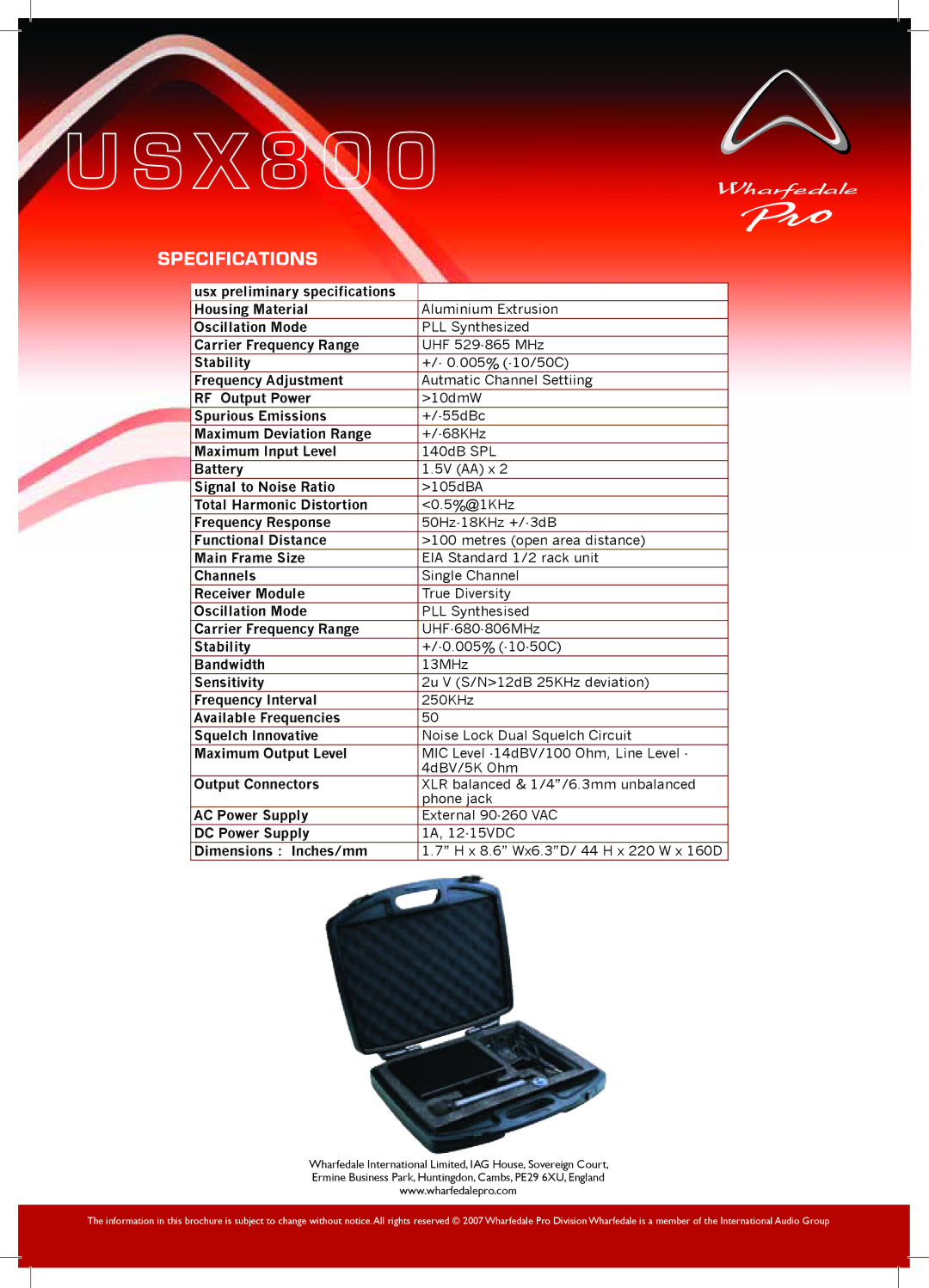 Wharfedale USX 800 manual Specifications 