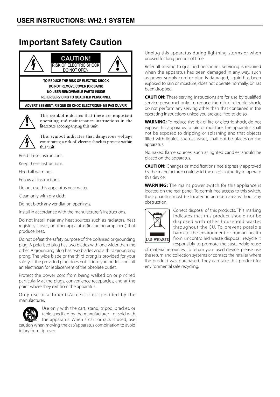 Wharfedale WH-C manual Important Safety Caution 