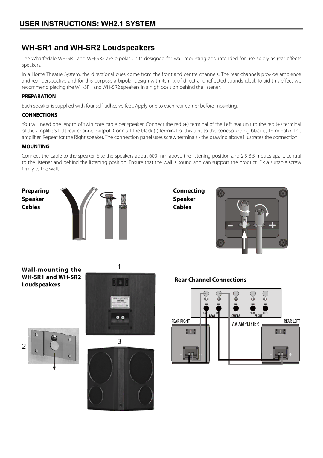 Wharfedale WH-C manual WH-SR1 and WH-SR2 Loudspeakers, Preparation, Connections, Mounting 