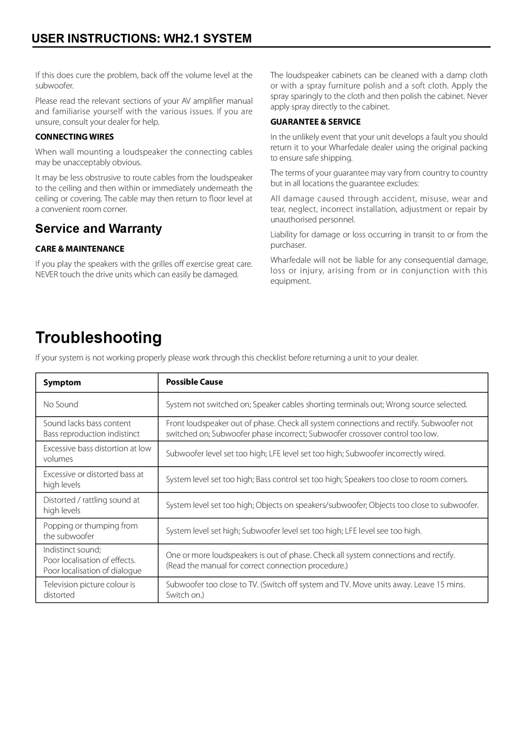 Wharfedale WH-C manual Troubleshooting, Service and Warranty, Connecting Wires, Care & Maintenance, Guarantee & Service 