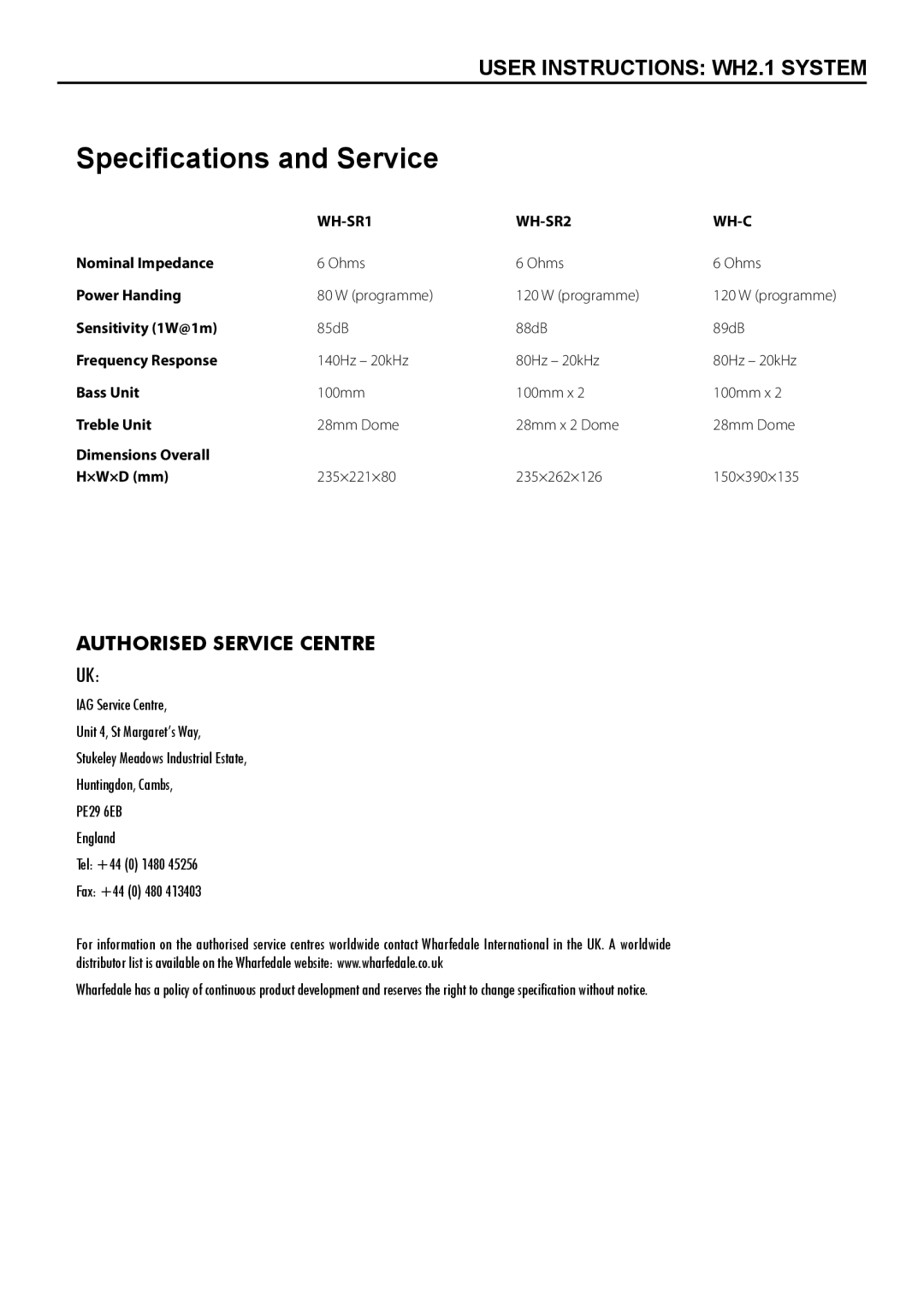 Wharfedale manual Specifications and Service, WH-SR1 WH-SR2 WH-C 