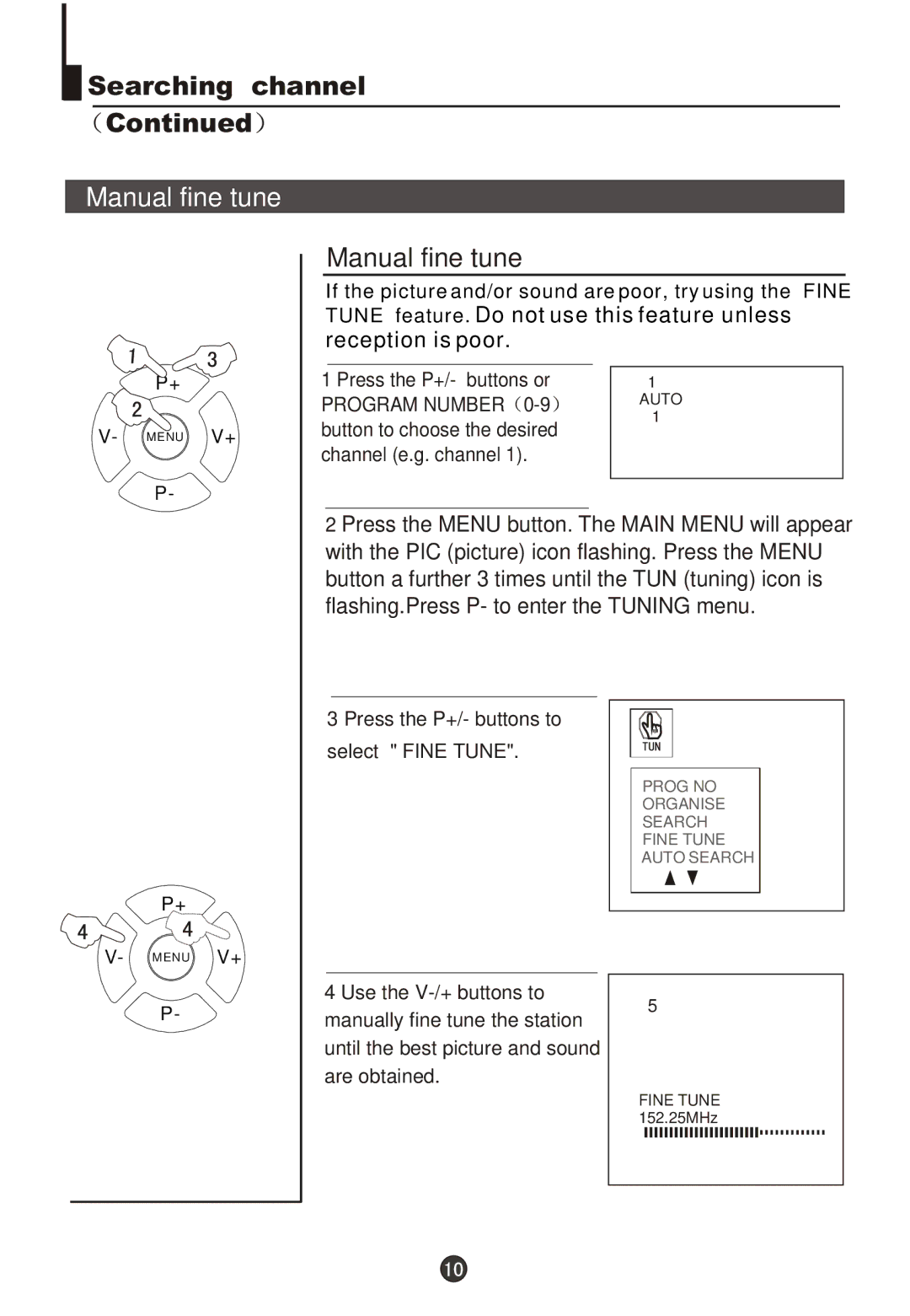 Wharfedale WH-TV/DVD21NO owner manual Manual fine tune 