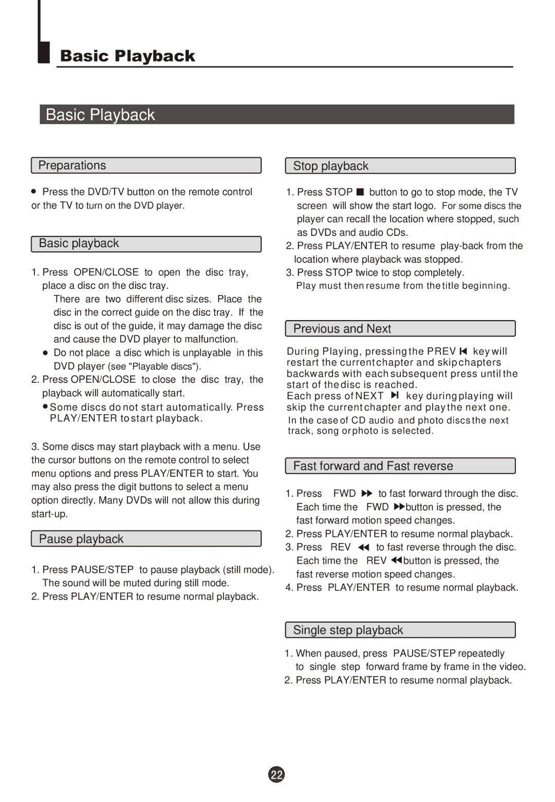 Wharfedale WH-TV/DVD21NO owner manual Basic Playback 