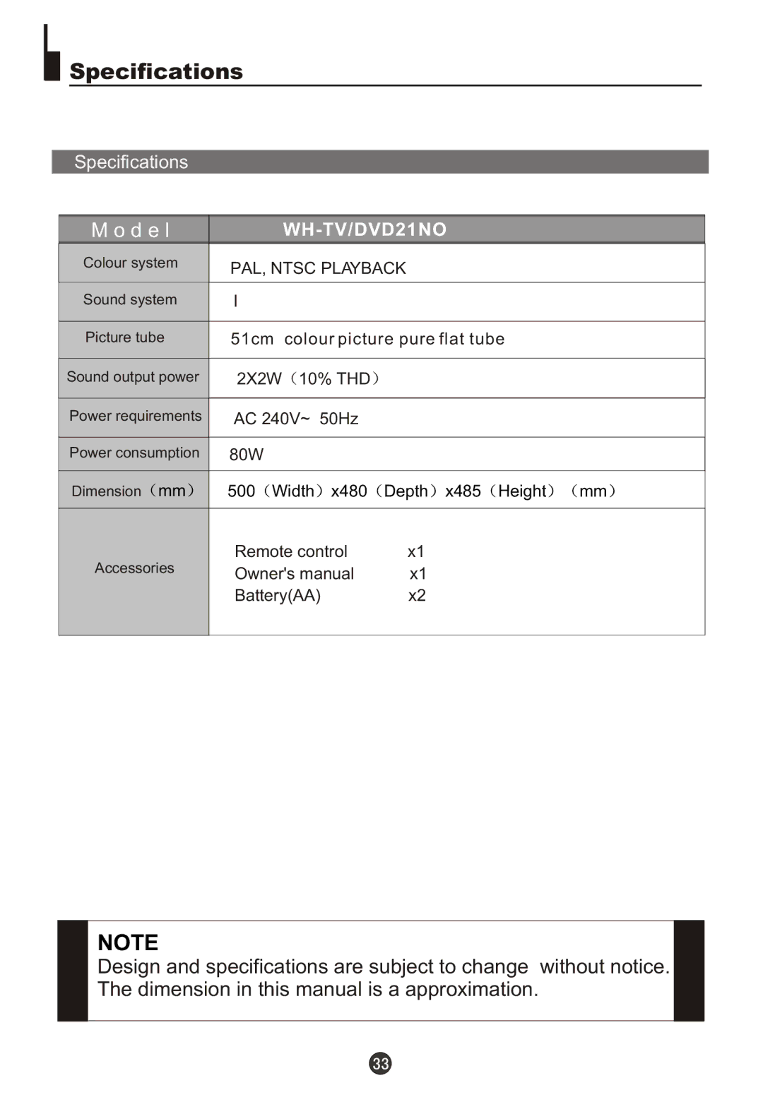 Wharfedale WH-TV/DVD21NO owner manual Specifications, D e l 