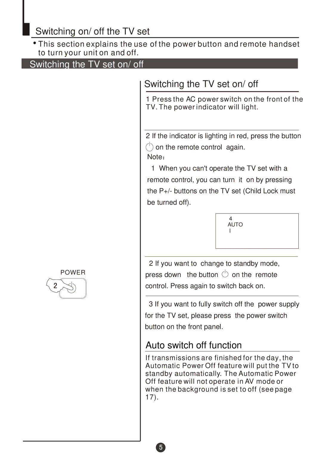 Wharfedale WH-TV/DVD21NO owner manual Switching on/ off the TV set, Switching the TV set on/ off 