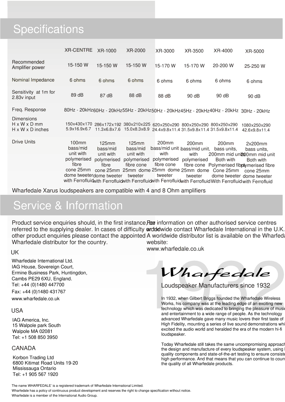 Wharfedale XR-3500, XR-5000, XR-4000, XR-3000, XR-1000, XR-CENTER, XR-2000, XR3000, XR-CENTRE instruction manual Specifications 