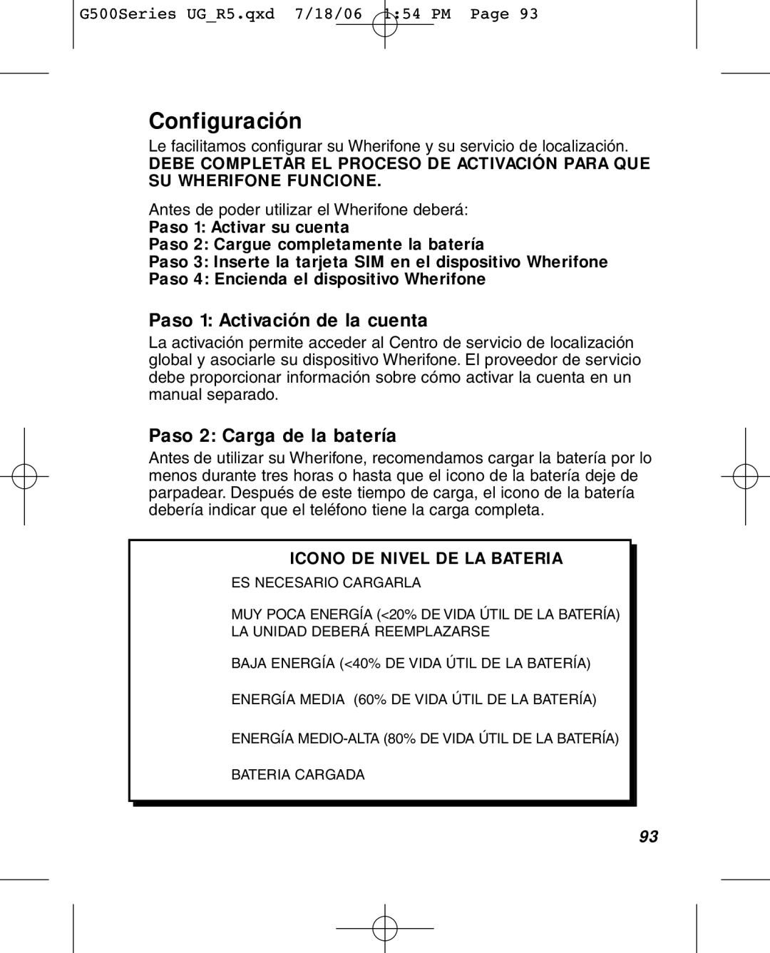 Wherify Wireless G550, G500 Series manual Configuración, Paso 1 Activación de la cuenta, Paso 2 Carga de la batería 