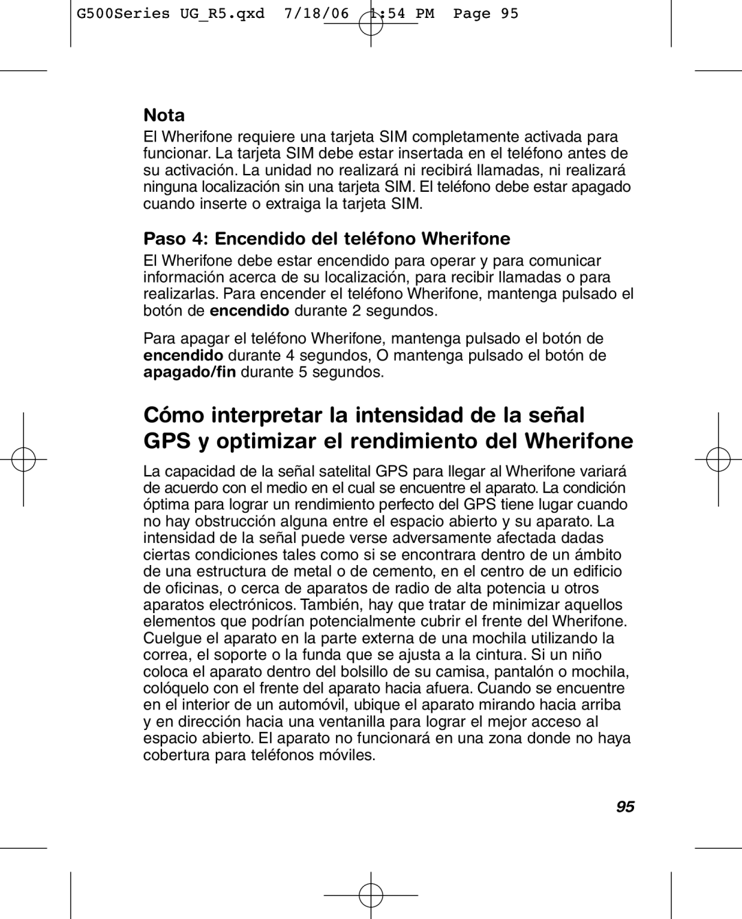 Wherify Wireless G550, G500 Series manual Nota, Paso 4 Encendido del teléfono Wherifone 