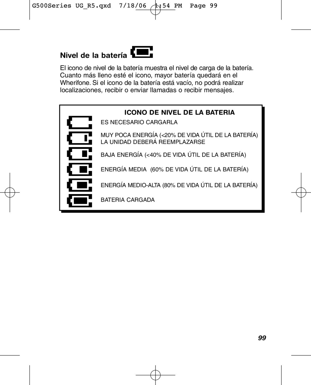 Wherify Wireless G550, G500 Series manual Nivel de la batería 