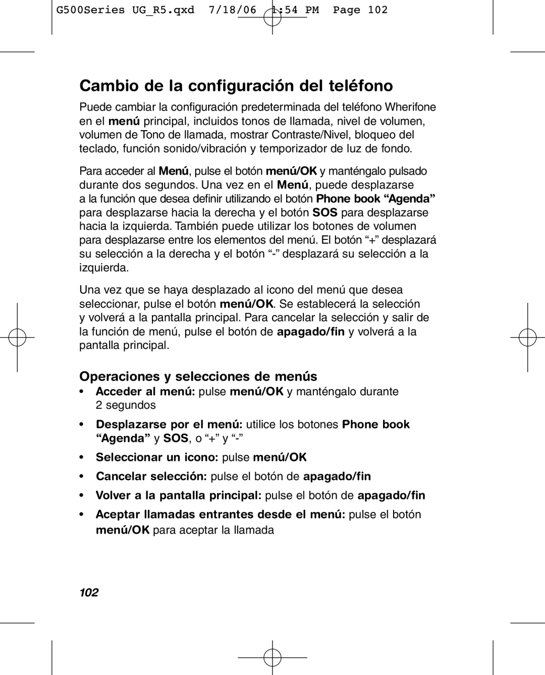 Wherify Wireless G500 Series, G550 manual Cambio de la configuración del teléfono, Operaciones y selecciones de menús, 102 