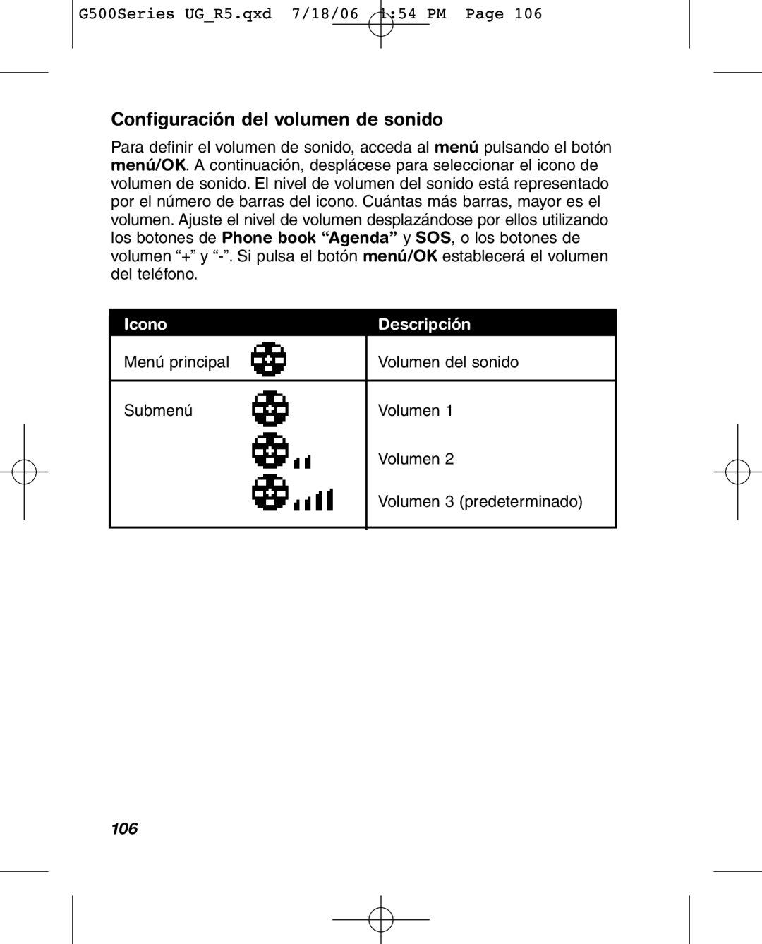 Wherify Wireless G500 Series, G550 manual Configuración del volumen de sonido, 106 