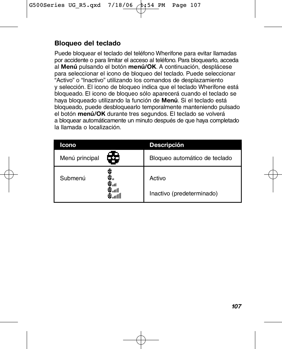 Wherify Wireless G550, G500 Series manual Bloqueo del teclado, 107 