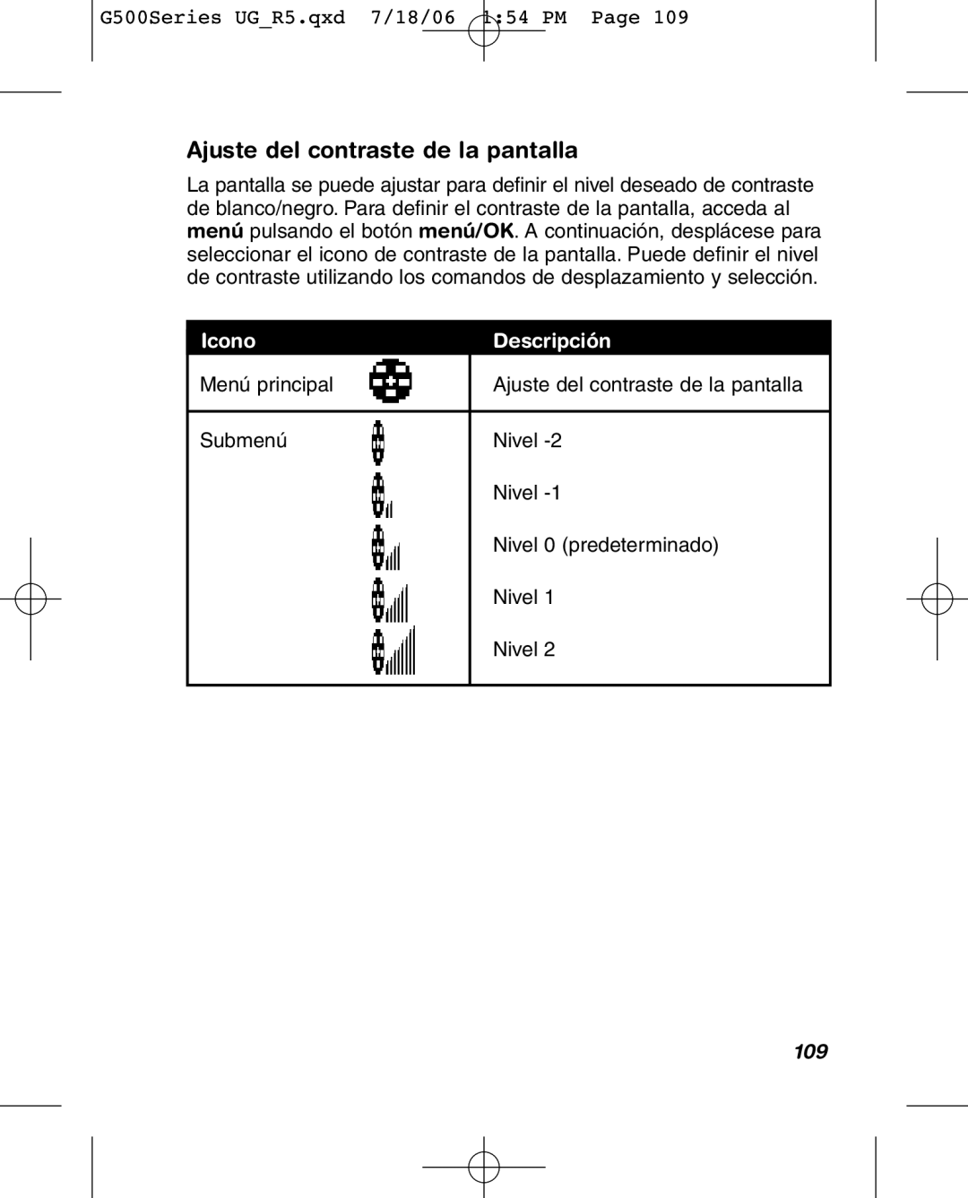 Wherify Wireless G550, G500 Series manual Ajuste del contraste de la pantalla, 109 