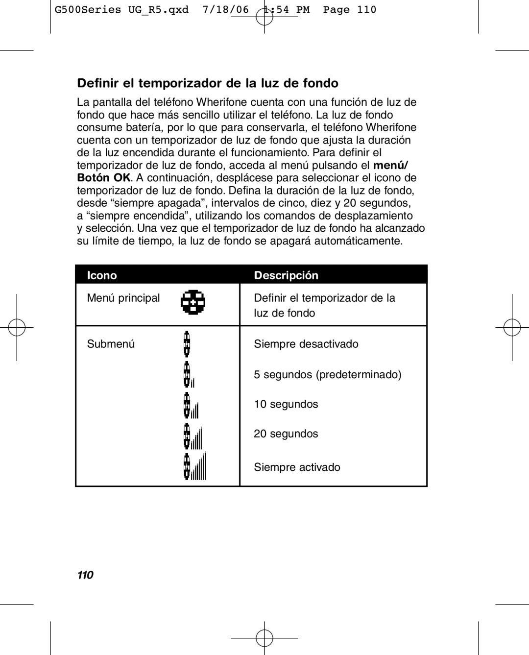 Wherify Wireless G500 Series, G550 manual Definir el temporizador de la luz de fondo, 110 