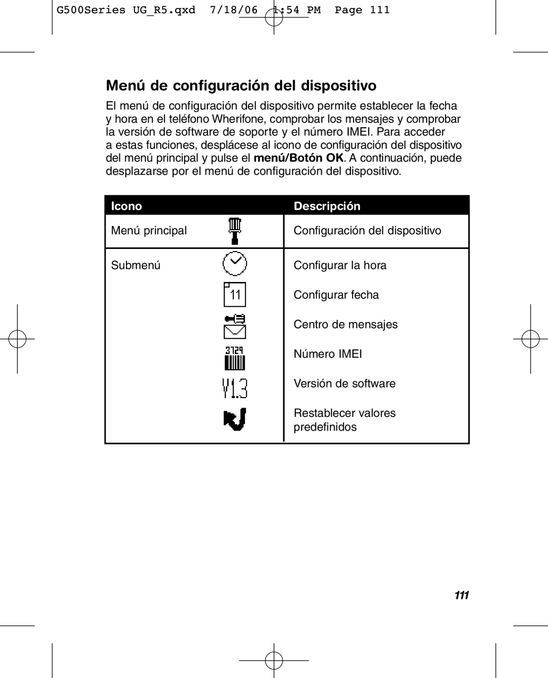 Wherify Wireless G550, G500 Series manual Menú de configuración del dispositivo, 111 