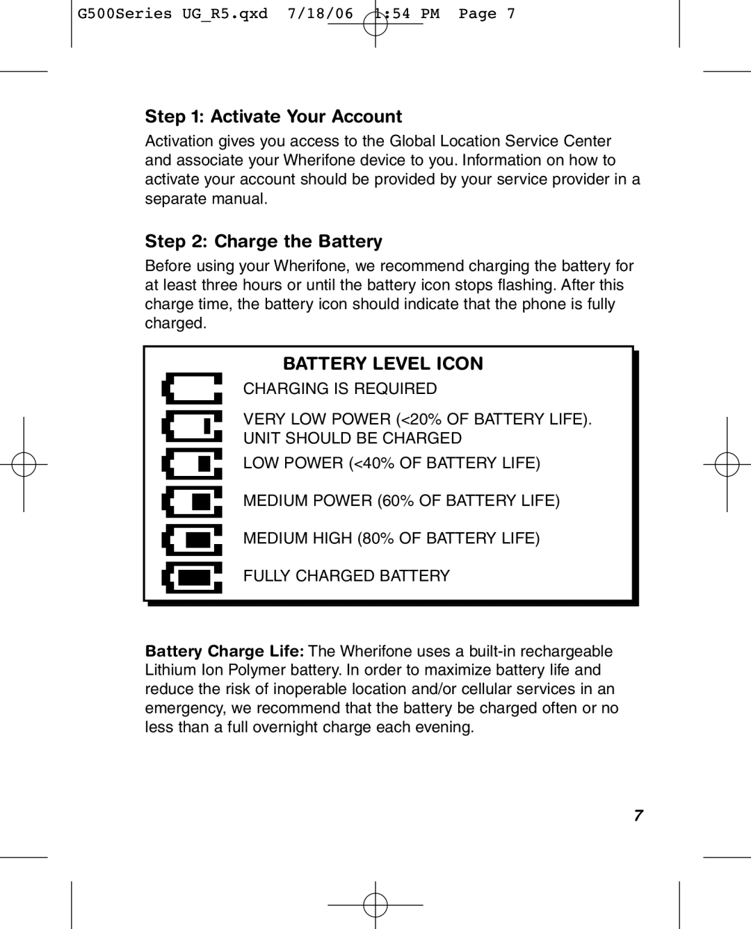 Wherify Wireless G550, G500 Series manual Activate Your Account, Charge the Battery 