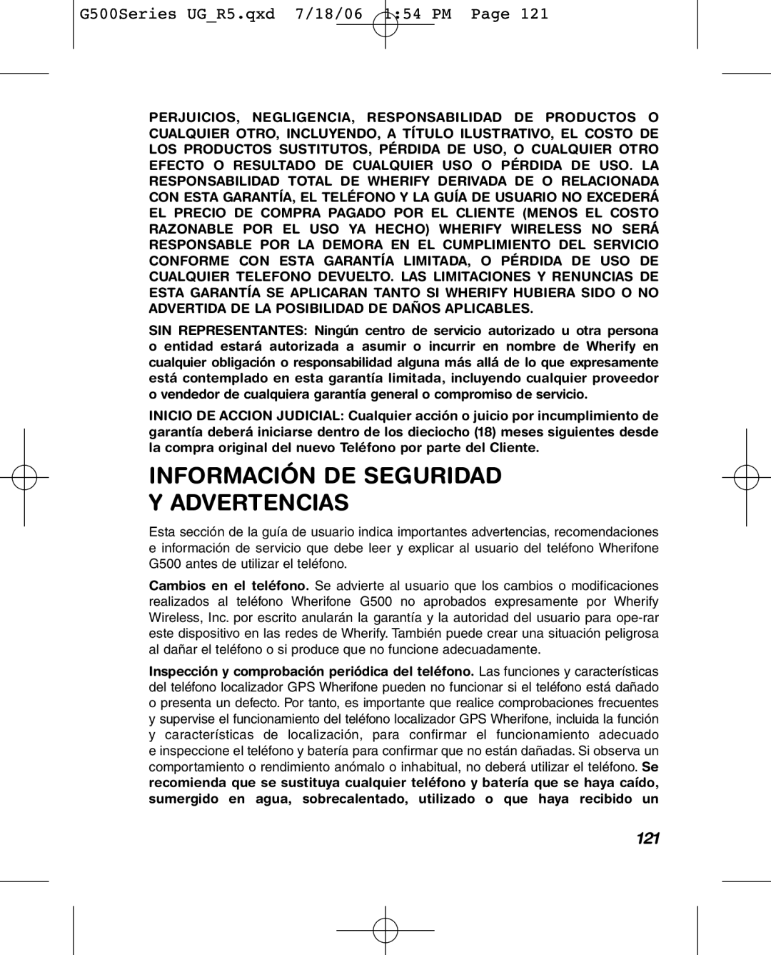 Wherify Wireless G550, G500 Series manual Información DE Seguridad Advertencias, 121 