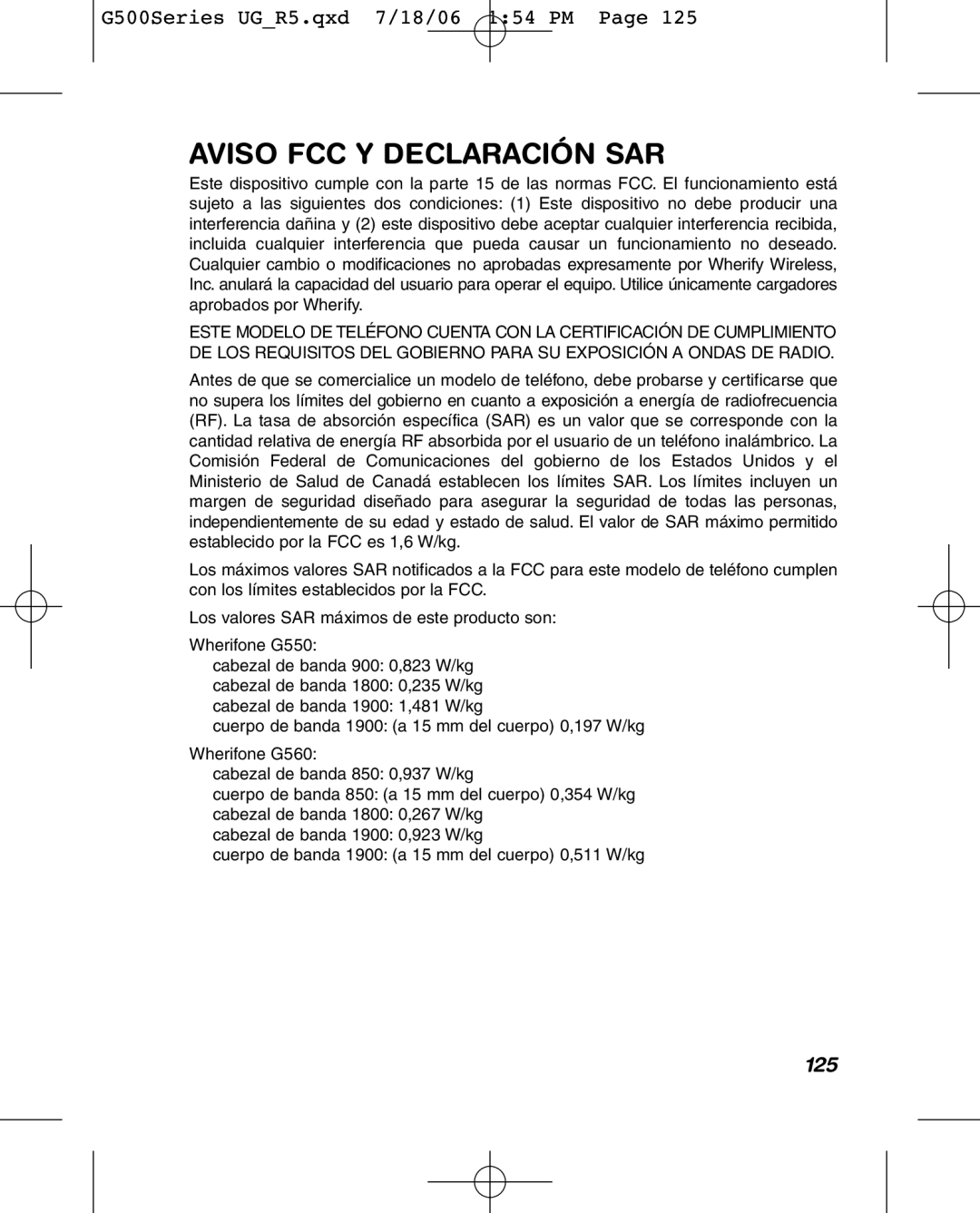 Wherify Wireless G550, G500 Series manual Aviso FCC Y Declaración SAR, 125 