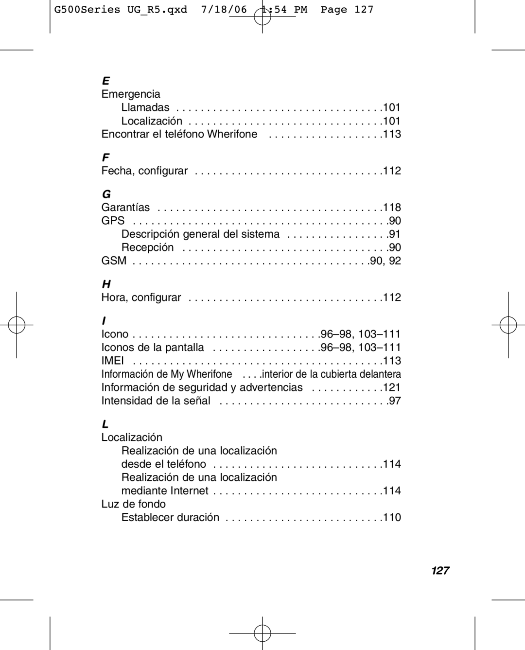 Wherify Wireless G550, G500 Series manual Localización, 127 