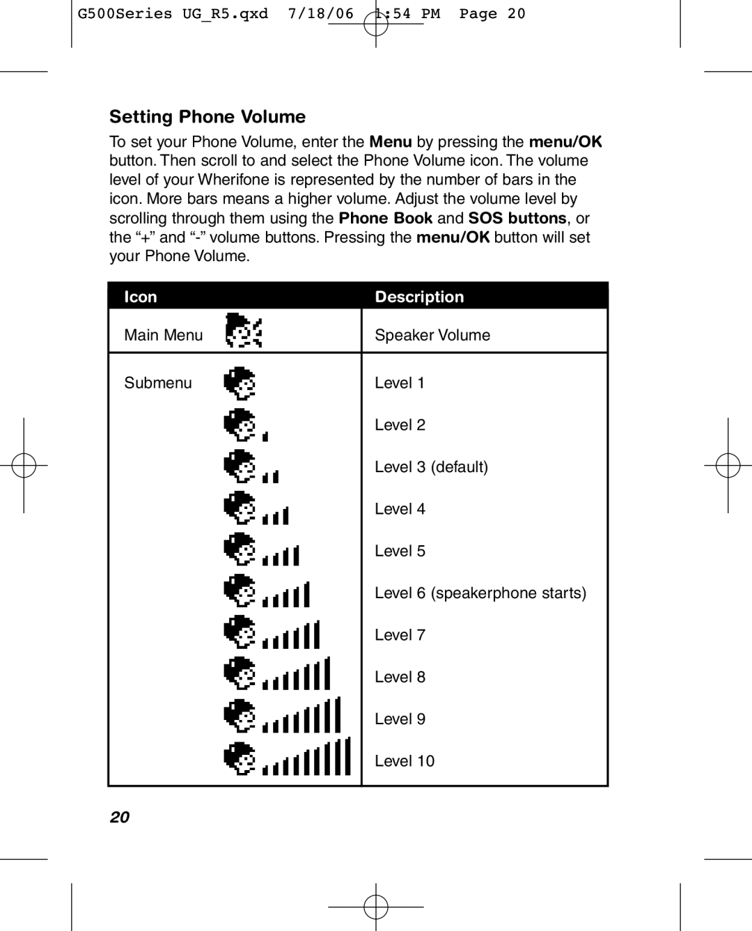 Wherify Wireless G500 Series, G550 manual Setting Phone Volume 