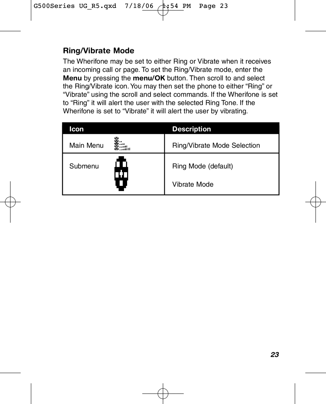 Wherify Wireless G550, G500 Series manual Ring/Vibrate Mode 