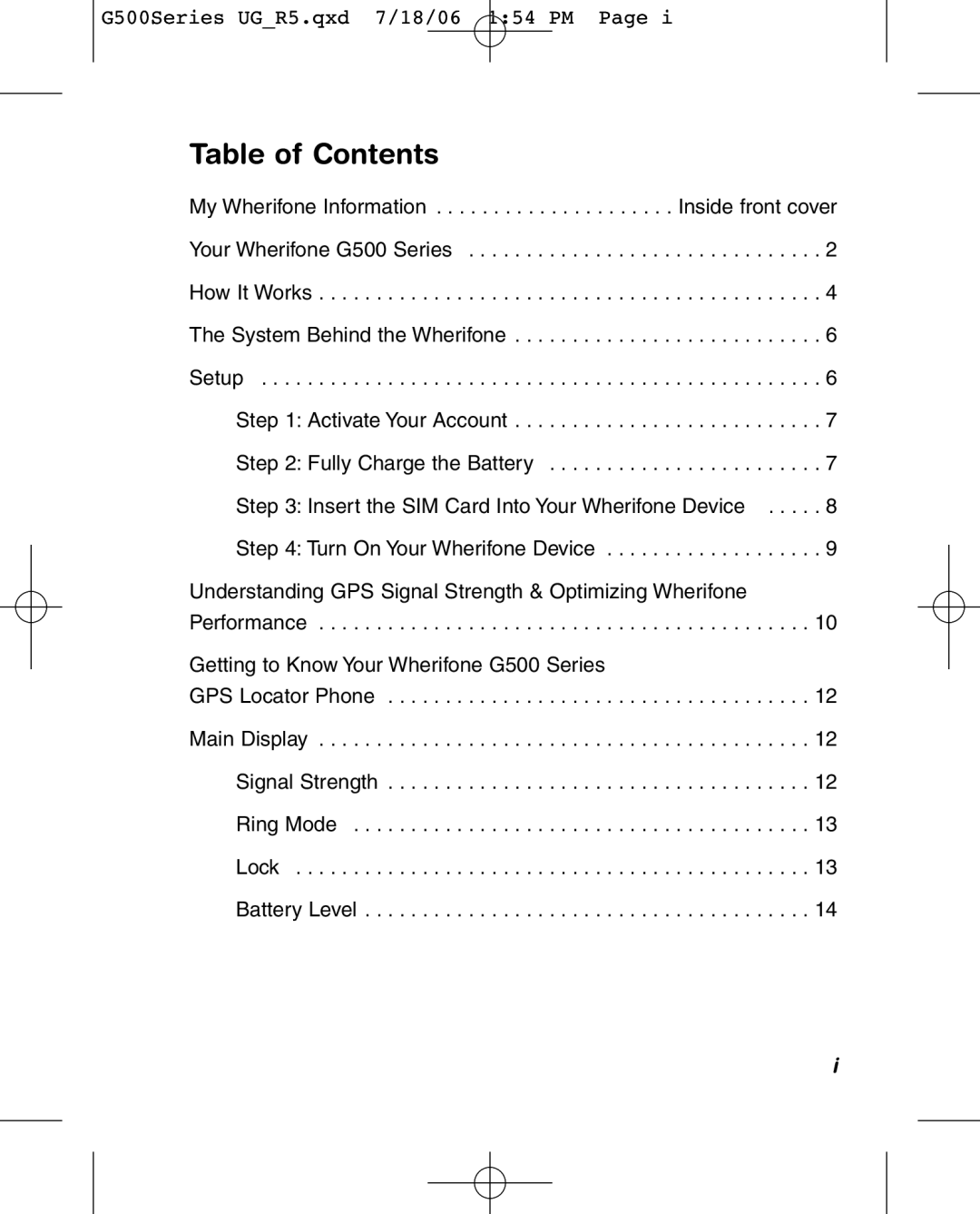 Wherify Wireless G550, G500 Series manual Table of Contents 