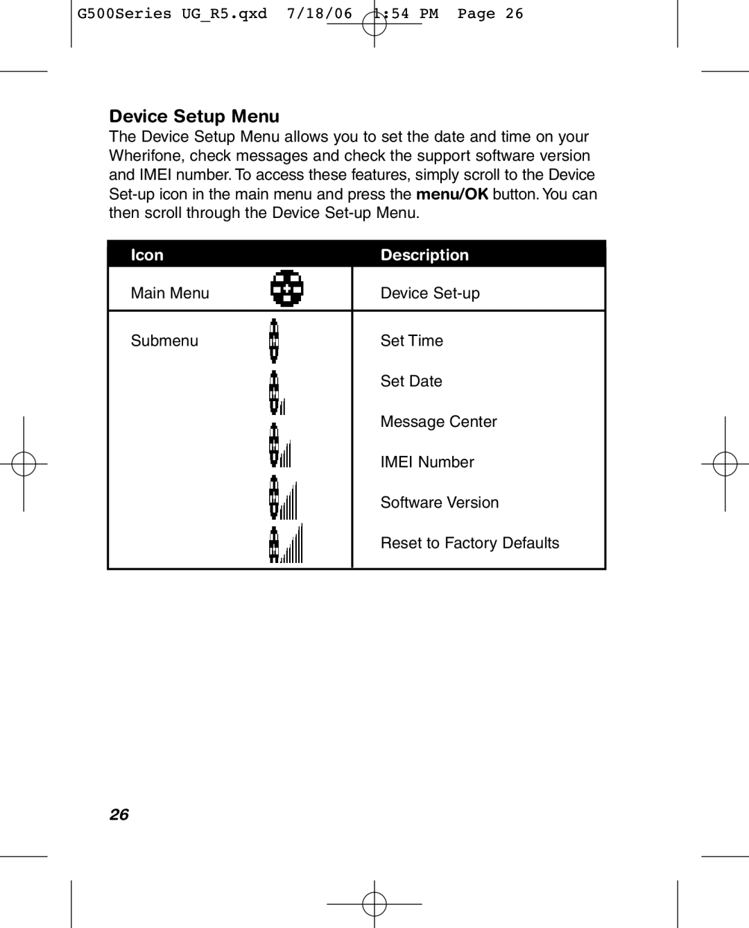 Wherify Wireless G500 Series, G550 manual Device Setup Menu 