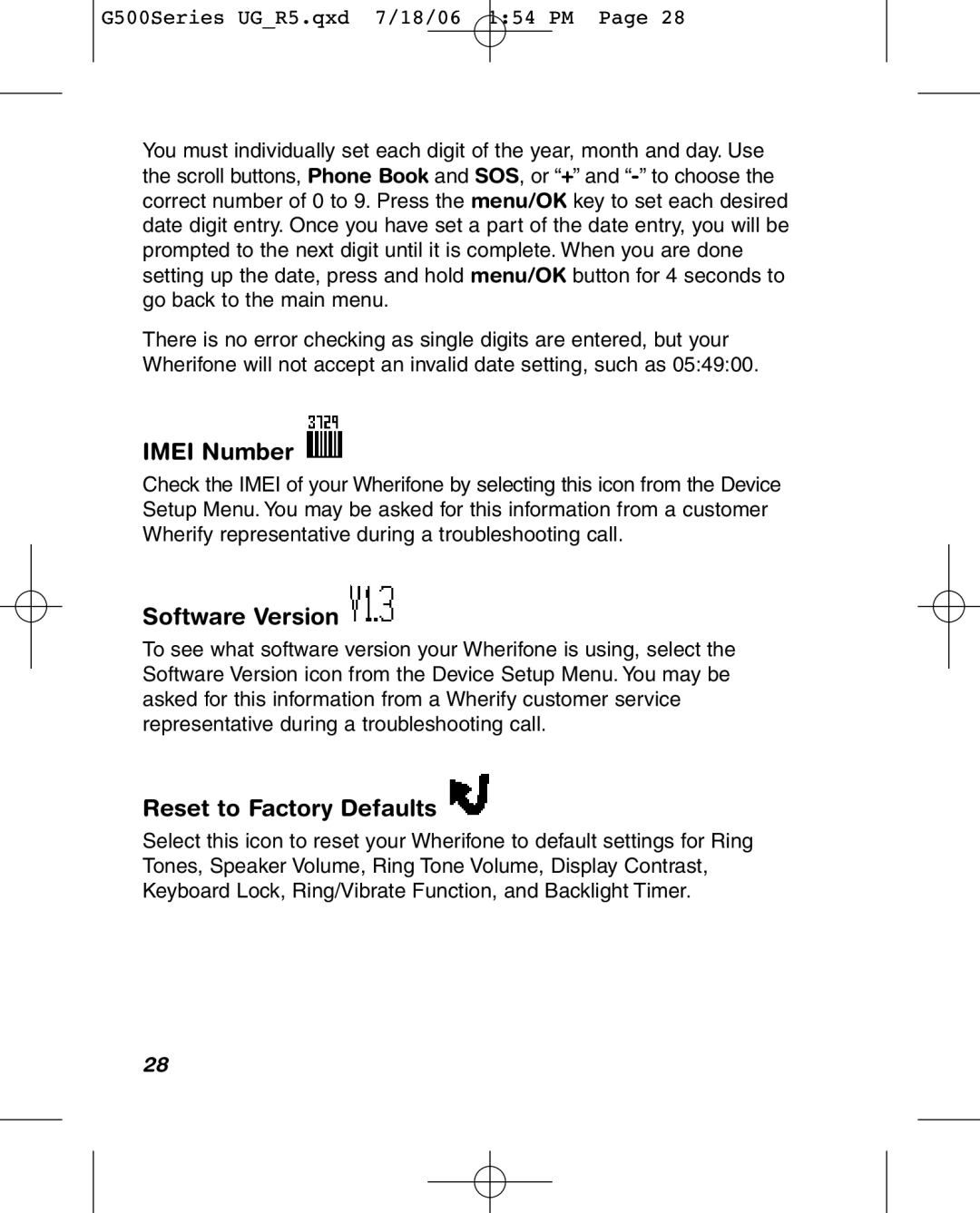 Wherify Wireless G500 Series, G550 manual Imei Number, Software Version, Reset to Factory Defaults 