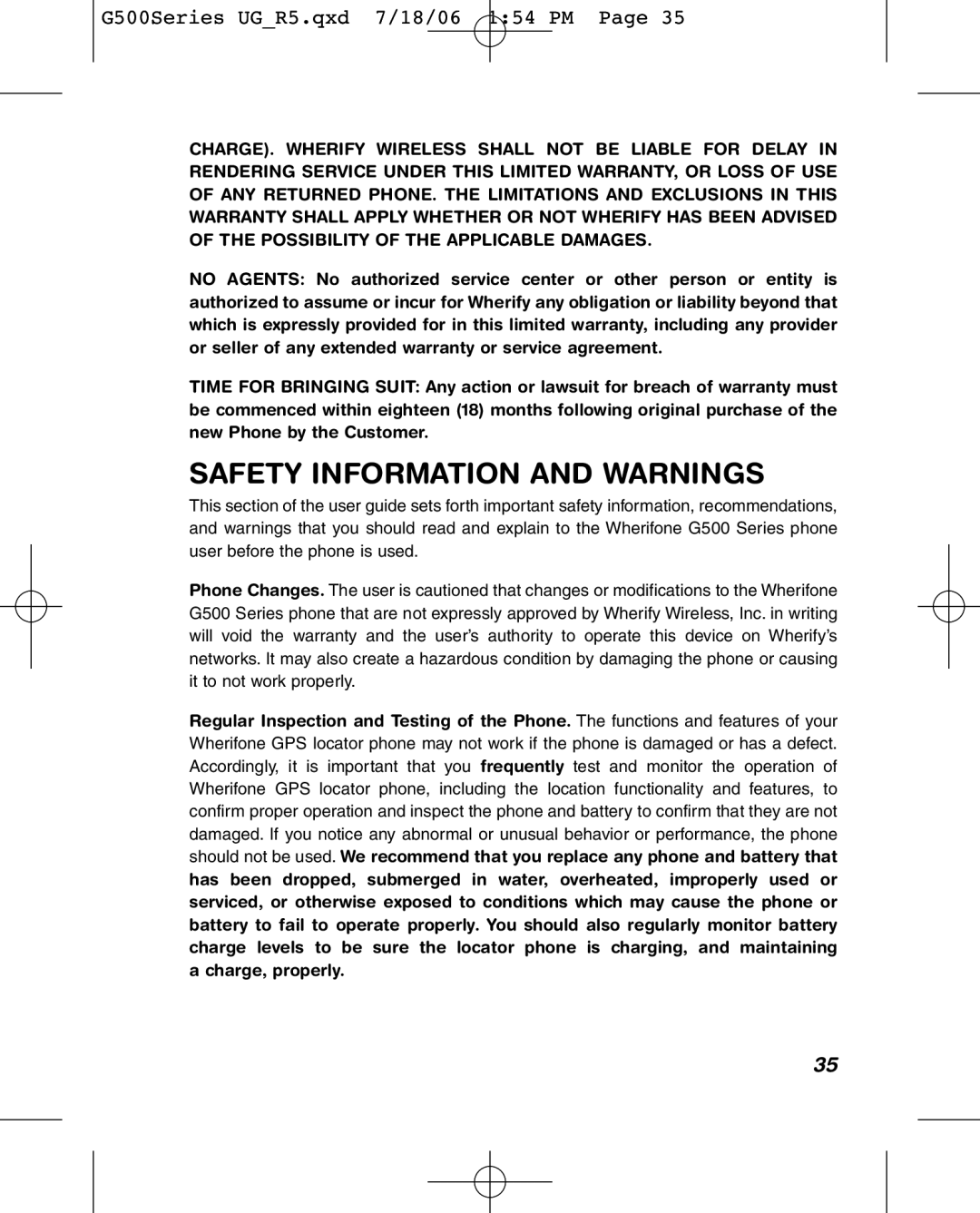 Wherify Wireless G550, G500 Series manual Safety Information and Warnings 