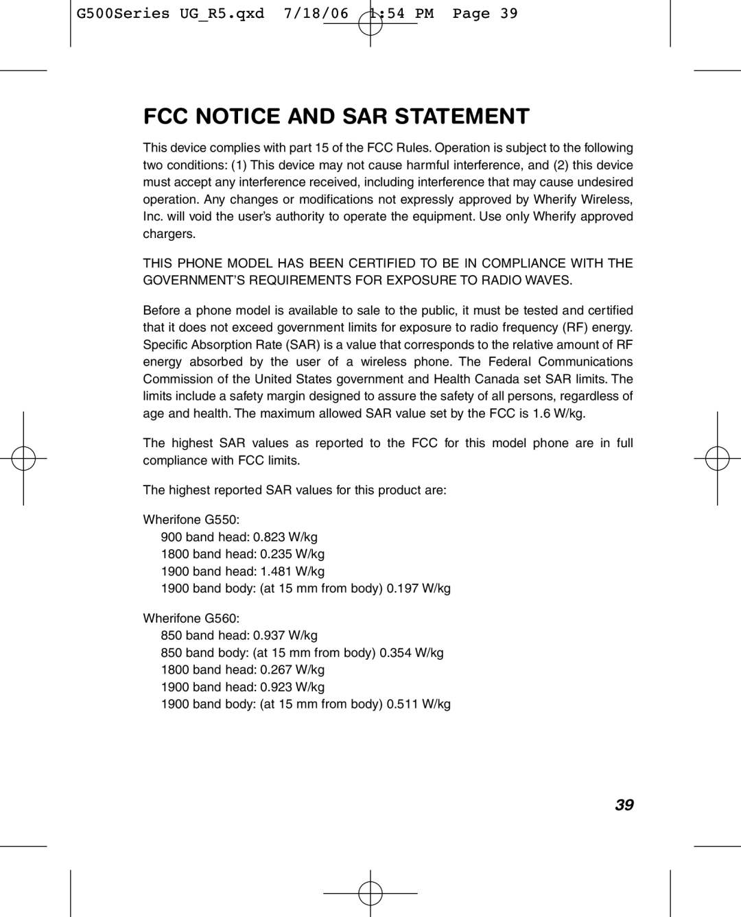 Wherify Wireless G550, G500 Series manual FCC Notice and SAR Statement 