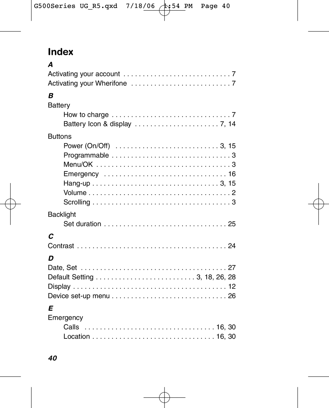 Wherify Wireless G500 Series, G550 manual Index 