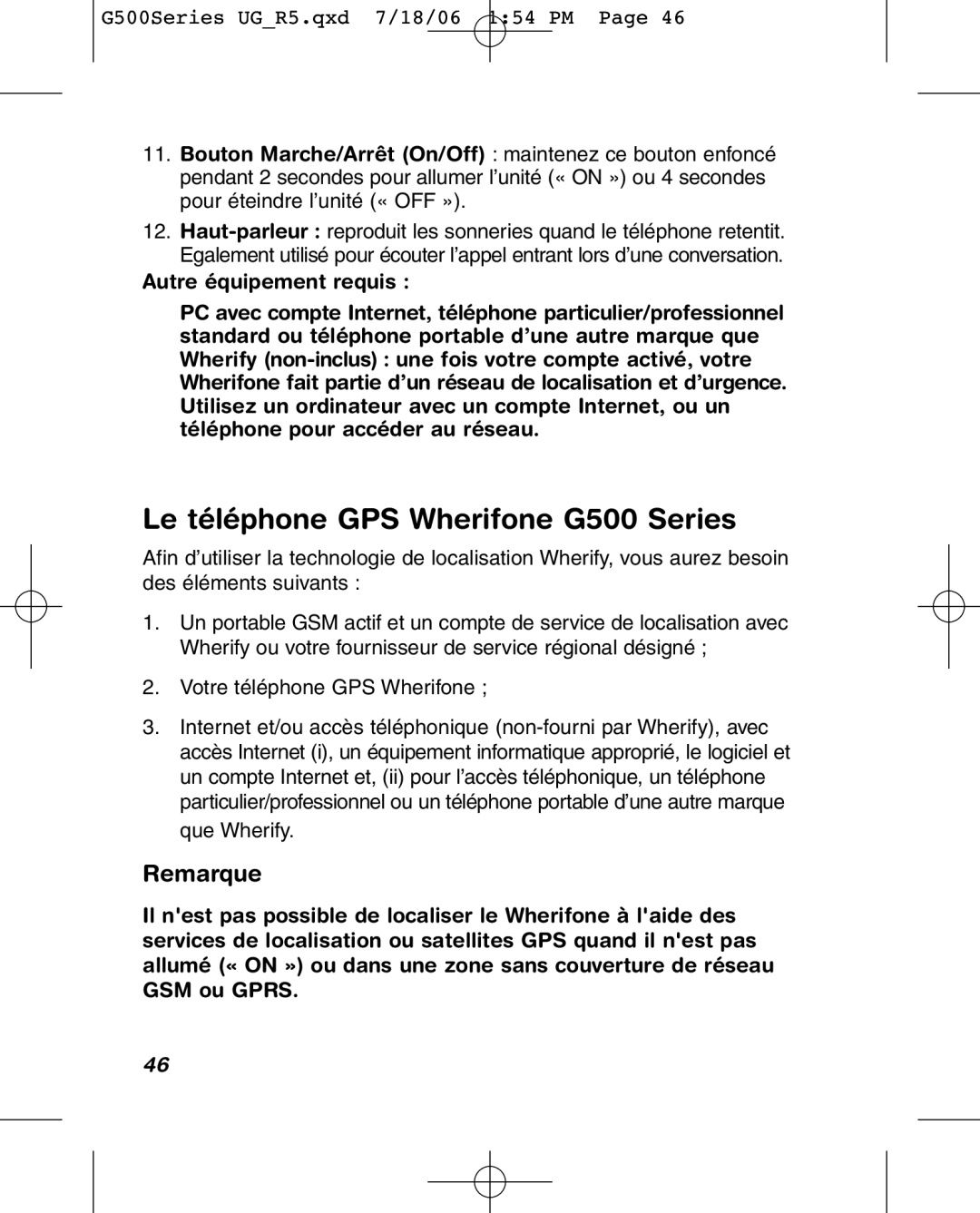 Wherify Wireless G550 manual Le téléphone GPS Wherifone G500 Series, Remarque 