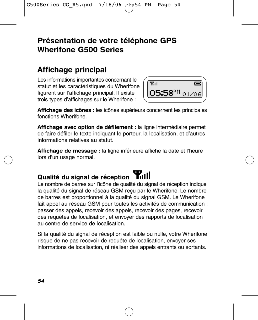 Wherify Wireless G500 Series, G550 manual Qualité du signal de réception 