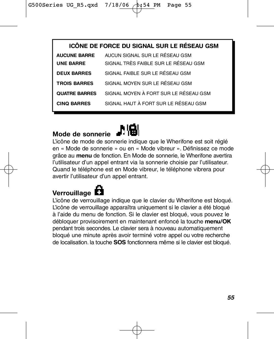 Wherify Wireless G550, G500 Series manual Mode de sonnerie, Verrouillage 