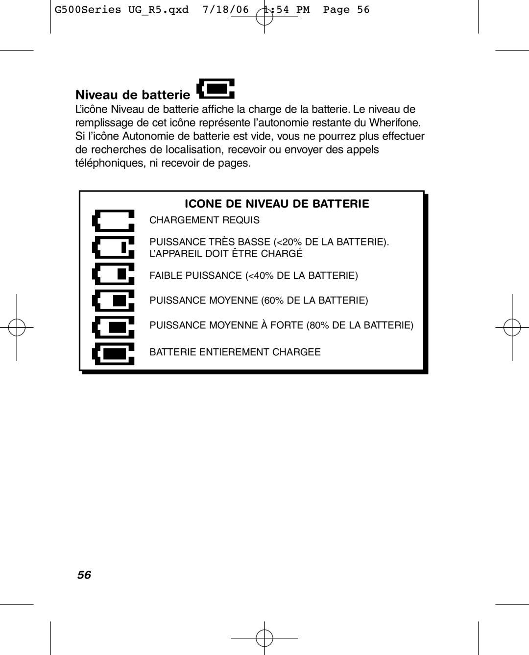 Wherify Wireless G500 Series, G550 manual Niveau de batterie 