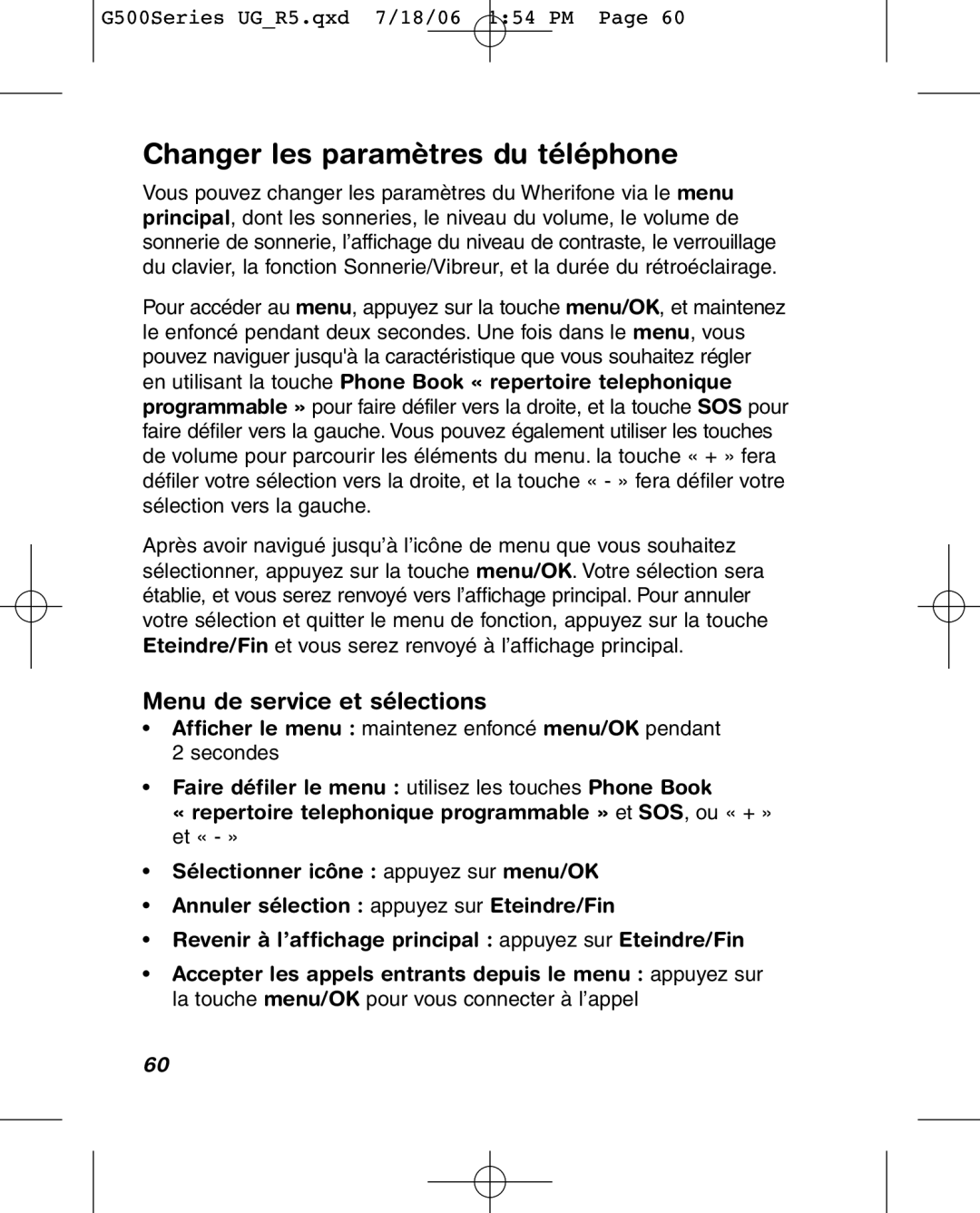 Wherify Wireless G500 Series, G550 manual Changer les paramètres du téléphone, Menu de service et sélections 