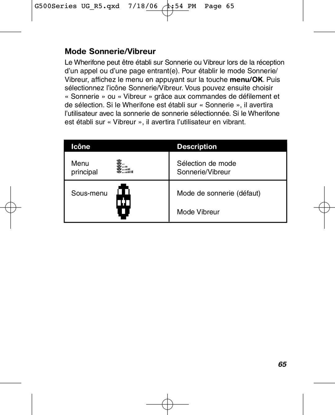 Wherify Wireless G550, G500 Series manual Mode Sonnerie/Vibreur 