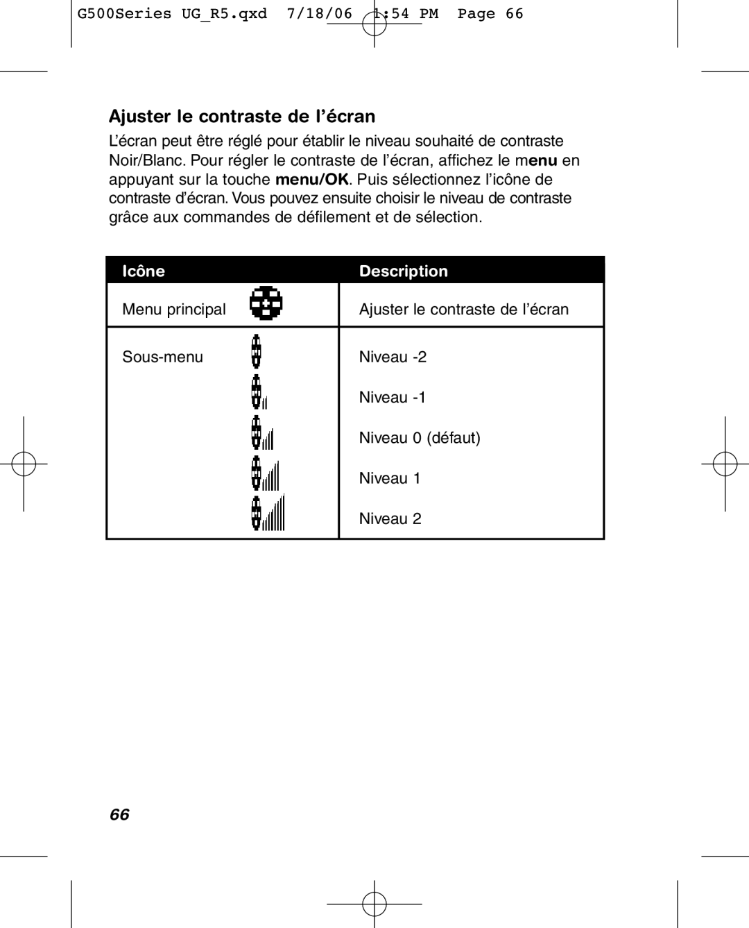 Wherify Wireless G500 Series, G550 manual Ajuster le contraste de l’écran, IcôneDescription 