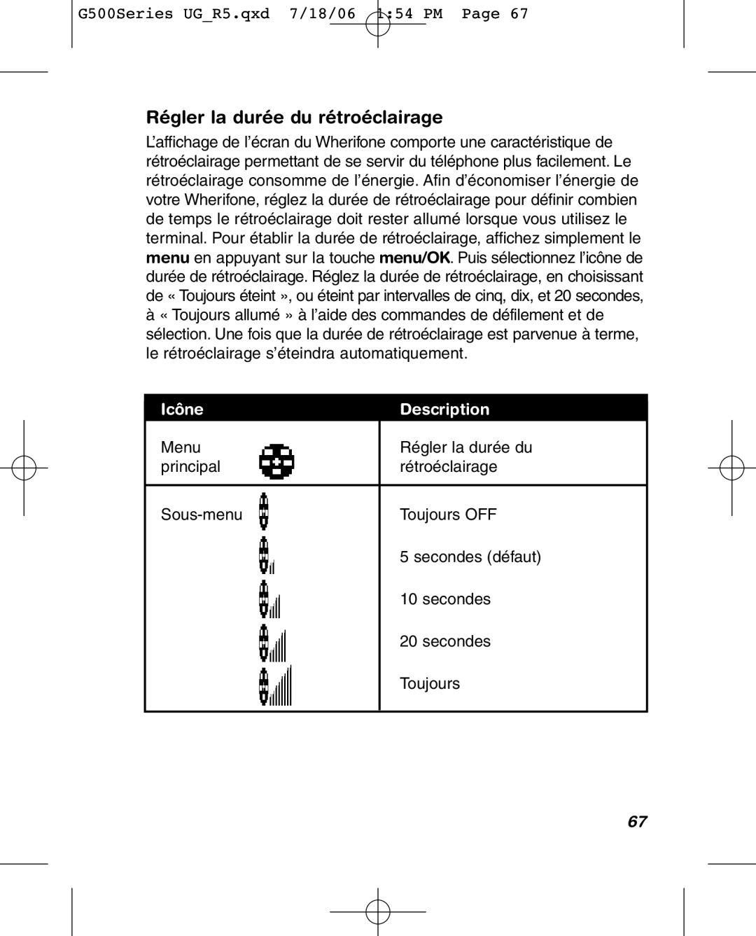 Wherify Wireless G550, G500 Series manual Régler la durée du rétroéclairage 