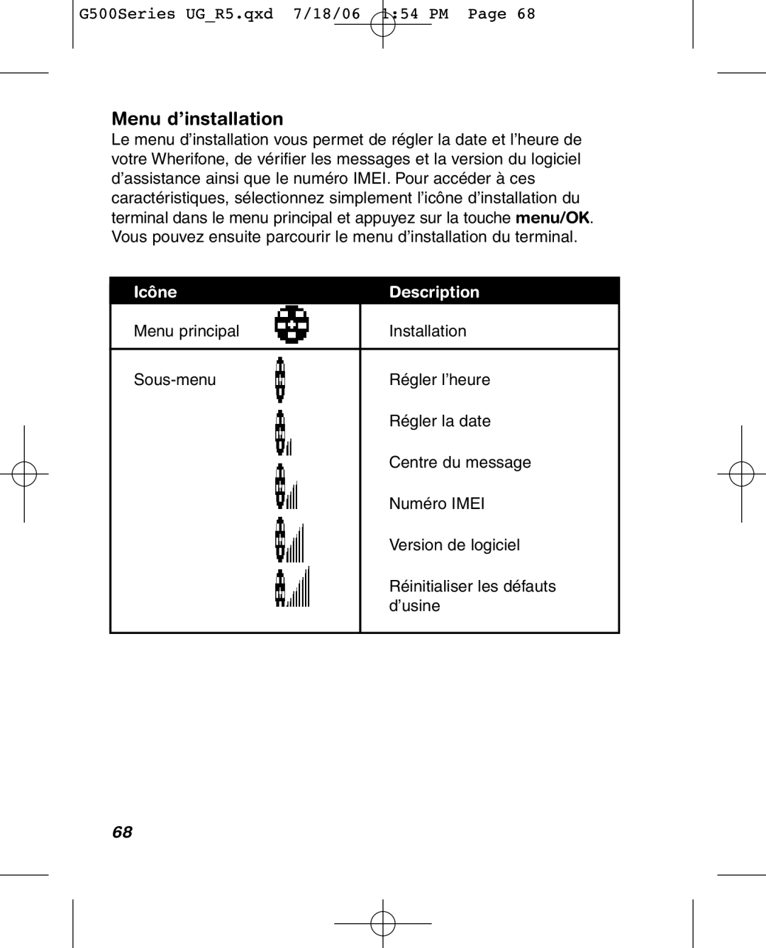 Wherify Wireless G500 Series, G550 manual Menu d’installation 