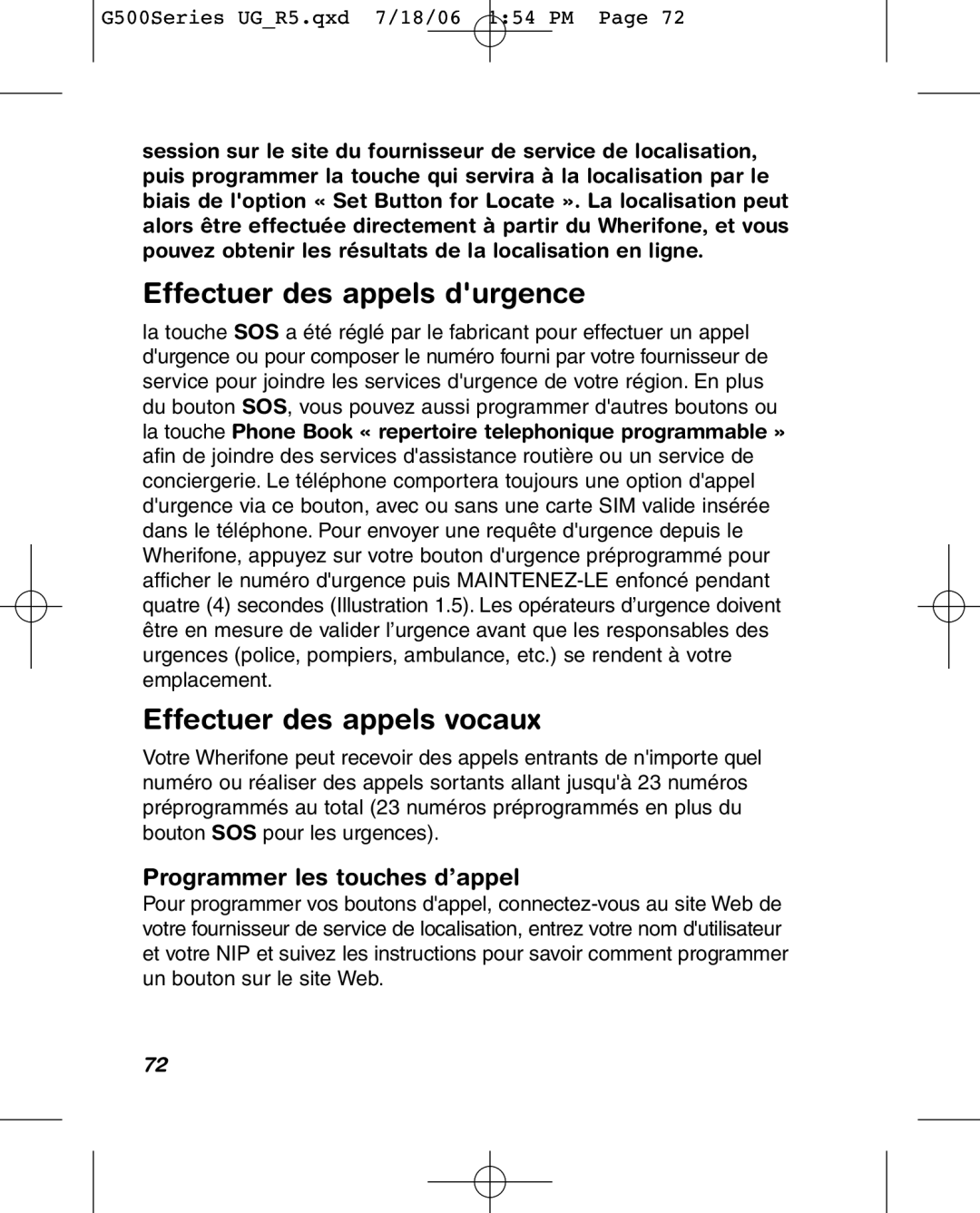 Wherify Wireless G500 Series Effectuer des appels durgence, Effectuer des appels vocaux, Programmer les touches d’appel 