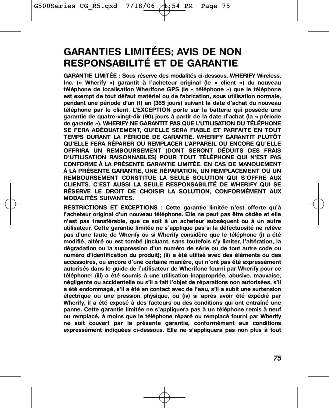 Wherify Wireless G550, G500 Series manual Garanties Limitées Avis DE NON Responsabilité ET DE Garantie 