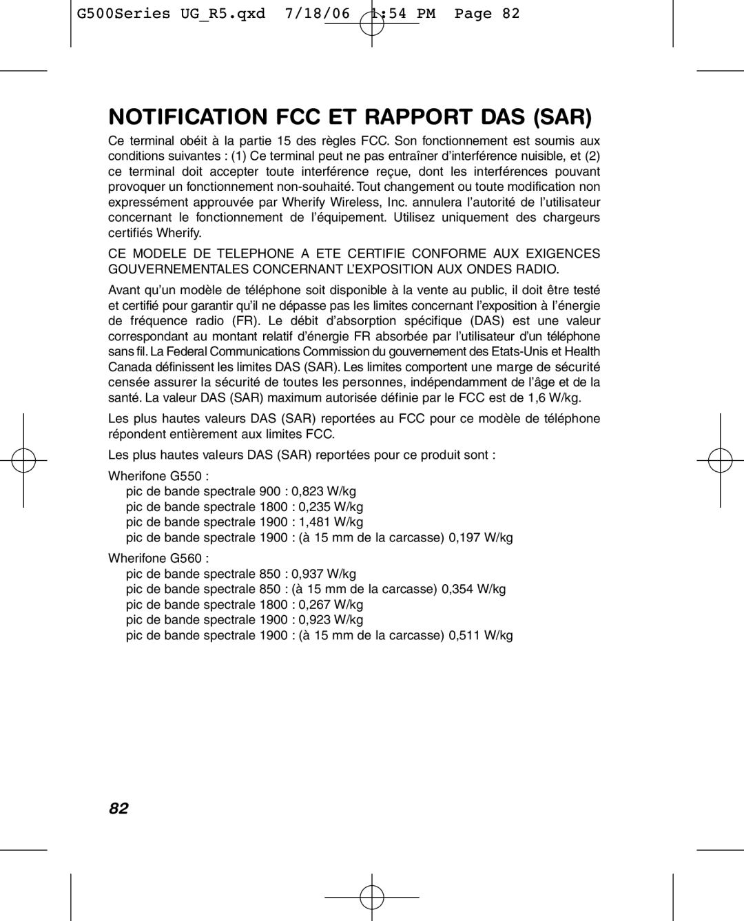 Wherify Wireless G500 Series, G550 manual Notification FCC ET Rapport DAS SAR 