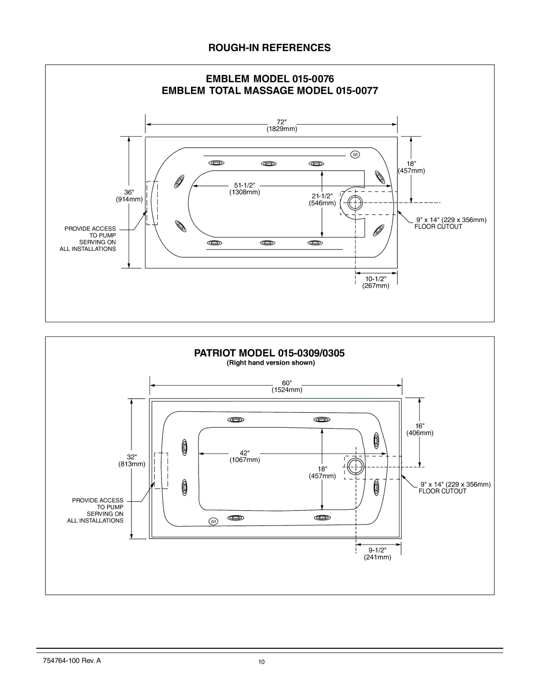 Whirlpool 015-0005 ROUGH-IN References Emblem Model Emblem Total Massage Model, Patriot Model 015-0309/0305 