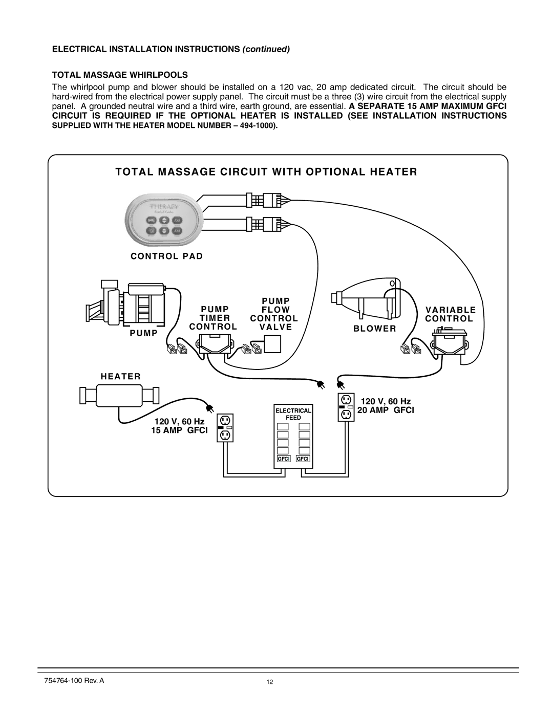 Whirlpool 015-0005 operation manual Total Massage Circuit with Optional Heater, Total Massage Whirlpools, AMP Gfci 