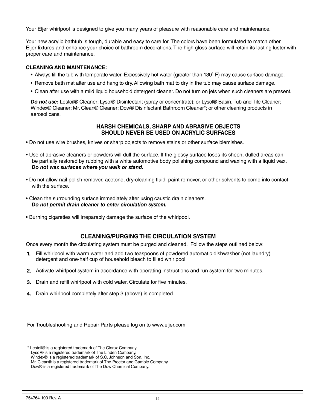 Whirlpool 015-0005 operation manual Cleaning and Maintenance, Do not wax surfaces where you walk or stand 