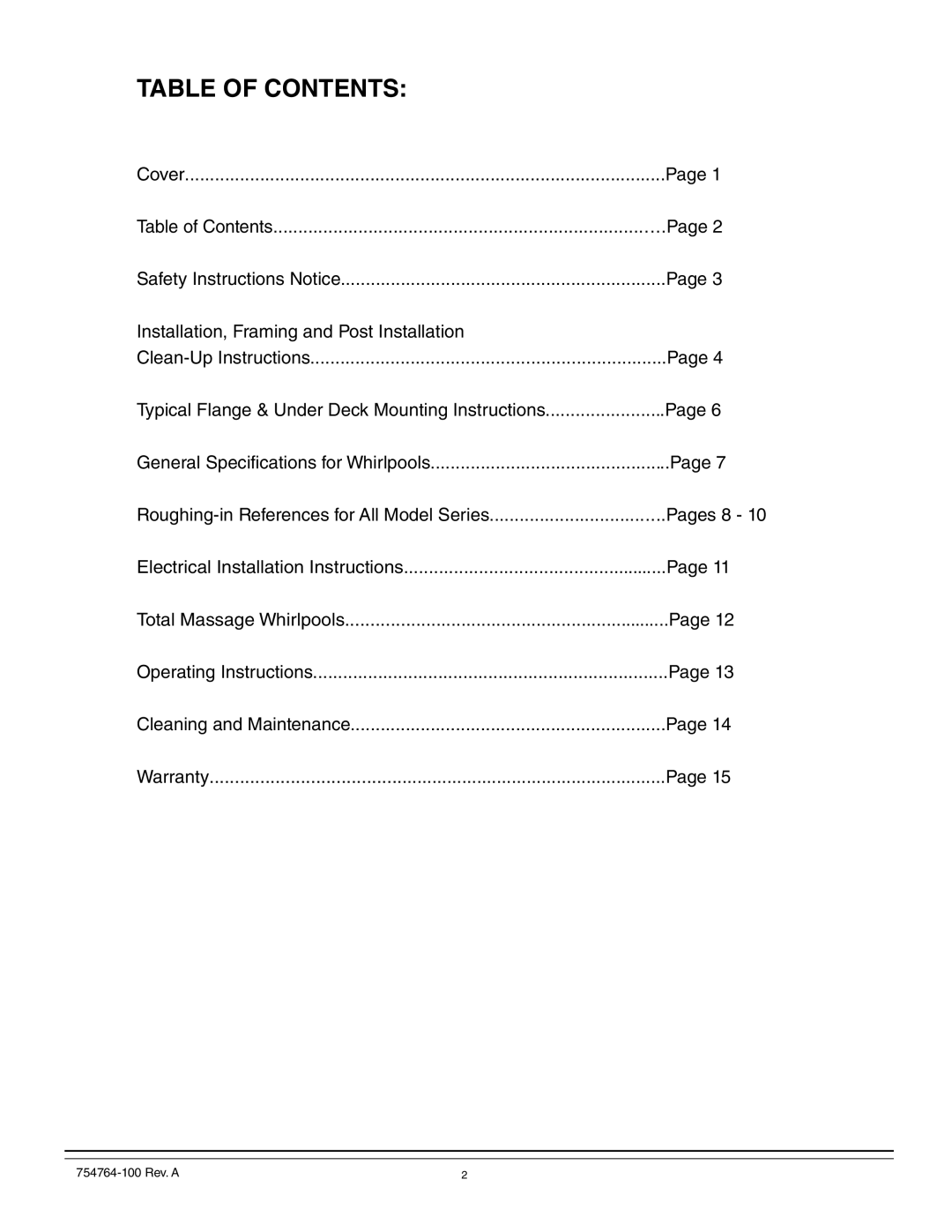 Whirlpool 015-0005 operation manual Table of Contents 