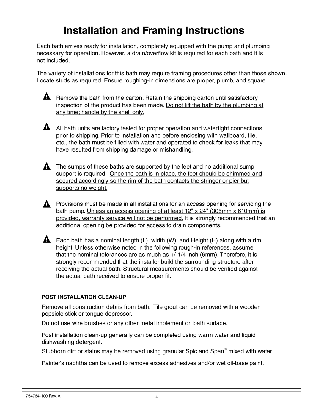 Whirlpool 015-0005 operation manual Installation and Framing Instructions 